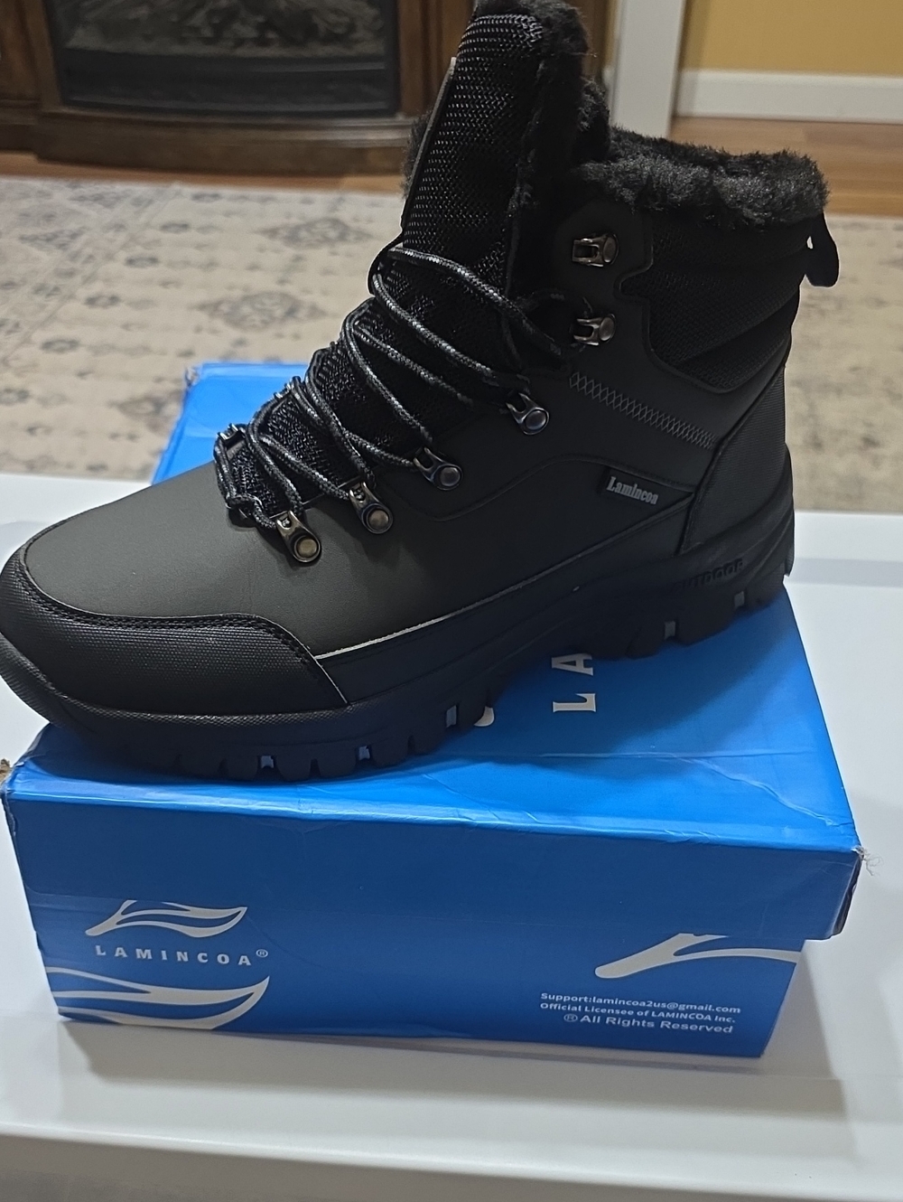 Lamincoa Men's Black Waterproof Winter Boots with Faux-Fur Collar